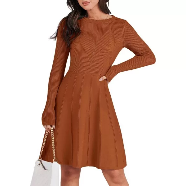 imageANRABESS Women Midi Sweater Dress Long Sleeve Crewneck High Waist Casual ALine Pleated DressesRust