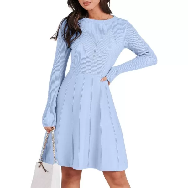 imageANRABESS Women Midi Sweater Dress Long Sleeve Crewneck High Waist Casual ALine Pleated DressesSky
