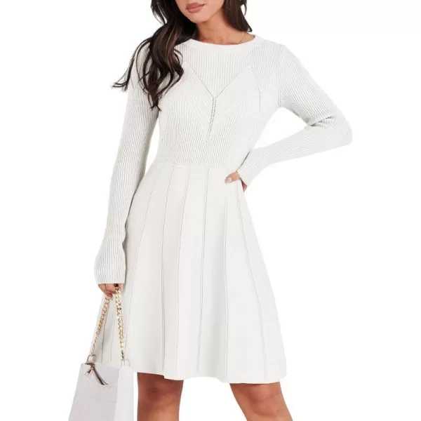 imageANRABESS Women Midi Sweater Dress Long Sleeve Crewneck High Waist Casual ALine Pleated DressesWhite
