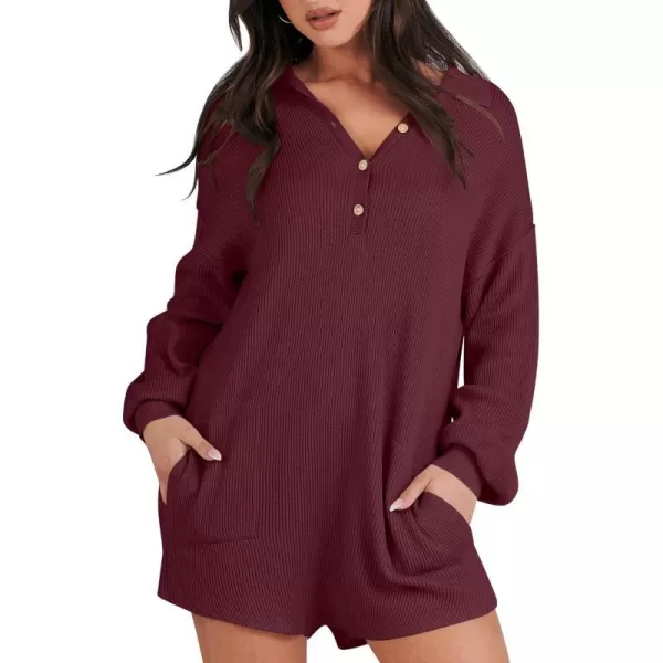 imageANRABESS Women One Piece Pajamas Sweater Rompers 2024 Spring Around House Lounging Outfits Long SLeeve Knit JumpsuitsBurgundy