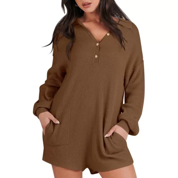 imageANRABESS Women One Piece Pajamas Sweater Rompers 2024 Spring Around House Lounging Outfits Long SLeeve Knit JumpsuitsRust