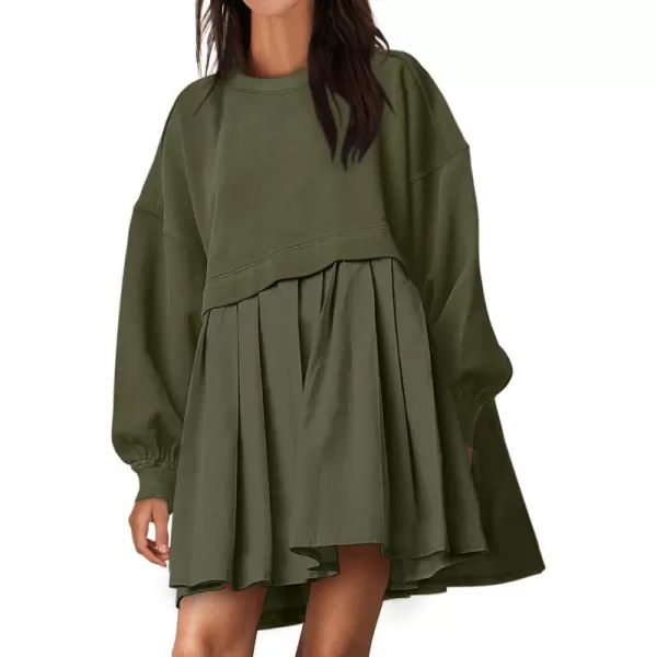 imageANRABESS Women Oversized Sweatshirts Hoodie Dress Long Sleeve Crewneck Casual Baggy Patchwork Pleated Flowy Mini DressesArmy Green
