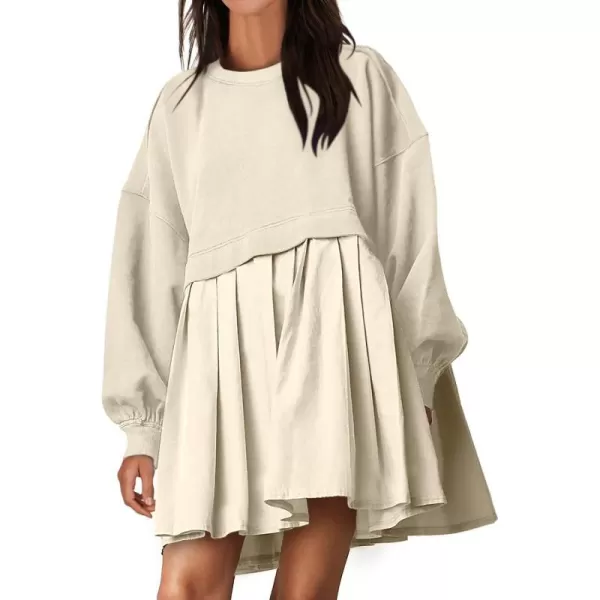 imageANRABESS Women Oversized Sweatshirts Hoodie Dress Long Sleeve Crewneck Casual Baggy Patchwork Pleated Flowy Mini DressesBeige