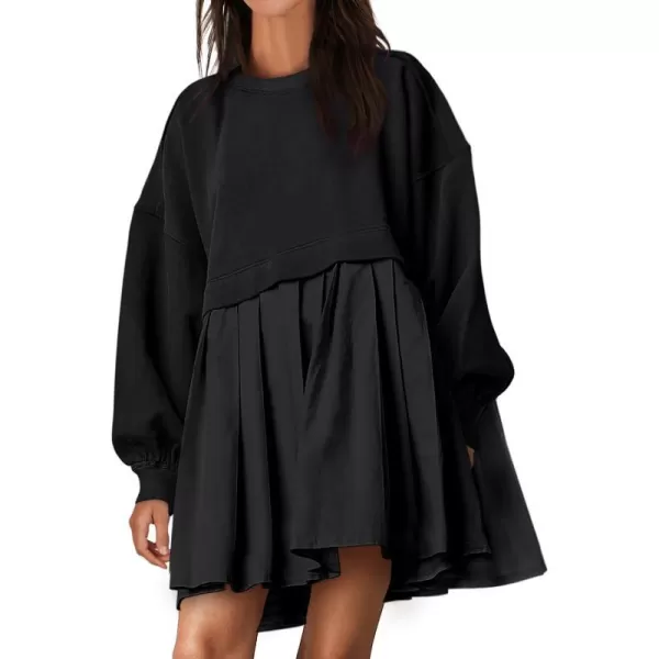 imageANRABESS Women Oversized Sweatshirts Hoodie Dress Long Sleeve Crewneck Casual Baggy Patchwork Pleated Flowy Mini DressesBlack