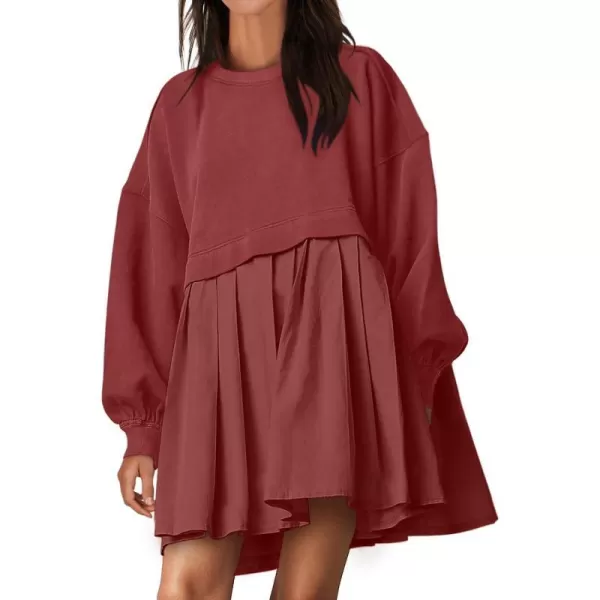 imageANRABESS Women Oversized Sweatshirts Hoodie Dress Long Sleeve Crewneck Casual Baggy Patchwork Pleated Flowy Mini DressesBrick Red