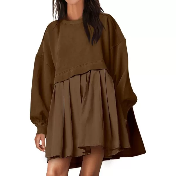 imageANRABESS Women Oversized Sweatshirts Hoodie Dress Long Sleeve Crewneck Casual Baggy Patchwork Pleated Flowy Mini DressesCoffee