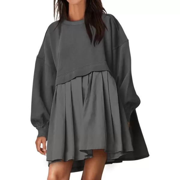 imageANRABESS Women Oversized Sweatshirts Hoodie Dress Long Sleeve Crewneck Casual Baggy Patchwork Pleated Flowy Mini DressesDark Grey