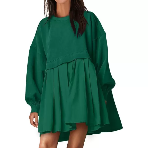 imageANRABESS Women Oversized Sweatshirts Hoodie Dress Long Sleeve Crewneck Casual Baggy Patchwork Pleated Flowy Mini DressesGreen