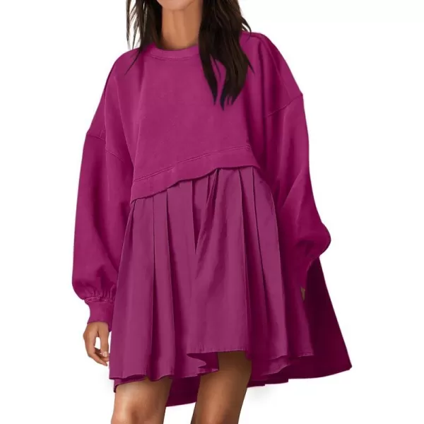 imageANRABESS Women Oversized Sweatshirts Hoodie Dress Long Sleeve Crewneck Casual Baggy Patchwork Pleated Flowy Mini DressesHot Pink