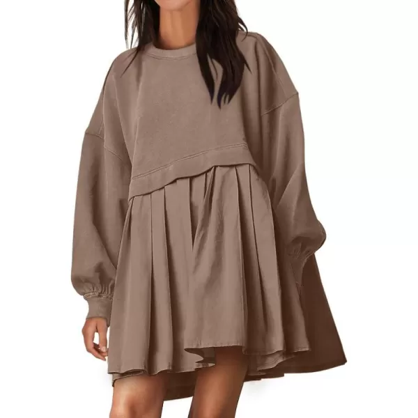 imageANRABESS Women Oversized Sweatshirts Hoodie Dress Long Sleeve Crewneck Casual Baggy Patchwork Pleated Flowy Mini DressesKhaki