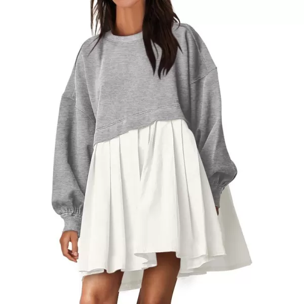 imageANRABESS Women Oversized Sweatshirts Hoodie Dress Long Sleeve Crewneck Casual Baggy Patchwork Pleated Flowy Mini DressesLight GreyWhite