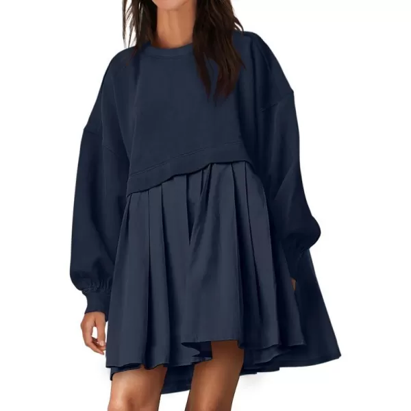 imageANRABESS Women Oversized Sweatshirts Hoodie Dress Long Sleeve Crewneck Casual Baggy Patchwork Pleated Flowy Mini DressesNavy Blue
