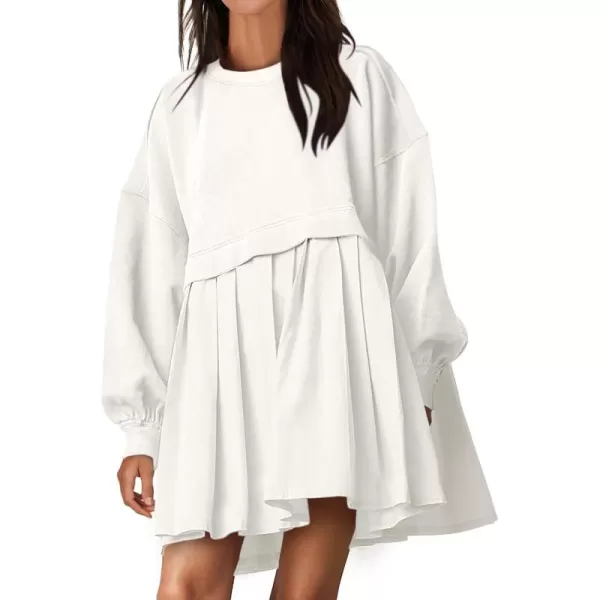 imageANRABESS Women Oversized Sweatshirts Hoodie Dress Long Sleeve Crewneck Casual Baggy Patchwork Pleated Flowy Mini DressesWhite