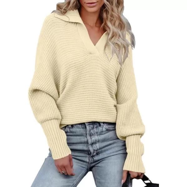 imageANRABESS Women Polo V Neck Batwing Long Sleeve Casual Oversized Ribbed Knit Fall Pullover Sweater TopBeige