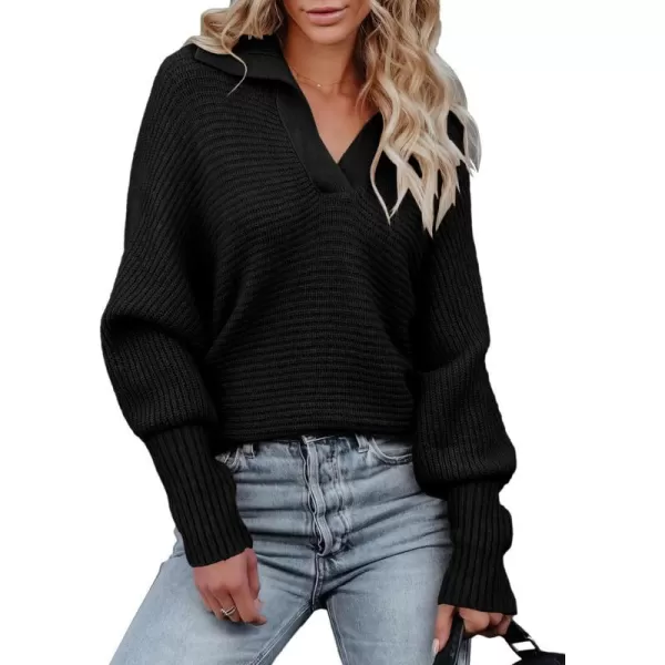 imageANRABESS Women Polo V Neck Batwing Long Sleeve Casual Oversized Ribbed Knit Fall Pullover Sweater TopBlack