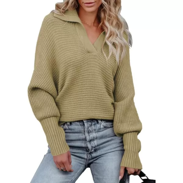 imageANRABESS Women Polo V Neck Batwing Long Sleeve Casual Oversized Ribbed Knit Fall Pullover Sweater TopKhaki