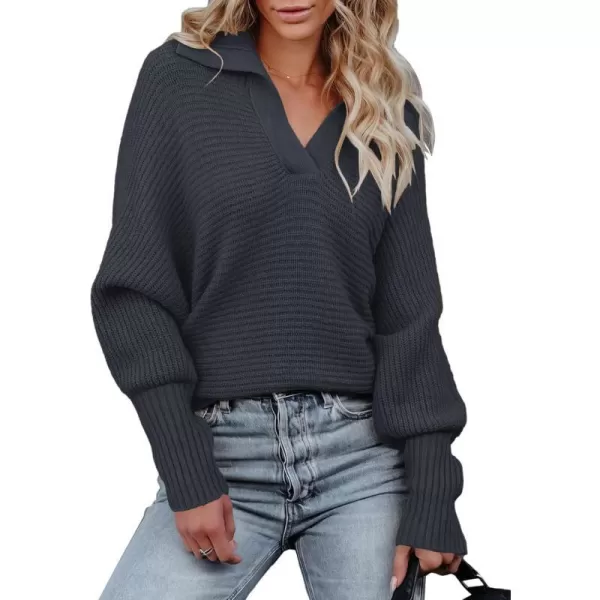 imageANRABESS Women Polo V Neck Batwing Long Sleeve Casual Oversized Ribbed Knit Fall Pullover Sweater TopNavy Blue