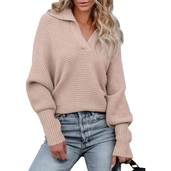imageANRABESS Women Polo V Neck Batwing Long Sleeve Casual Oversized Ribbed Knit Fall Pullover Sweater TopPink