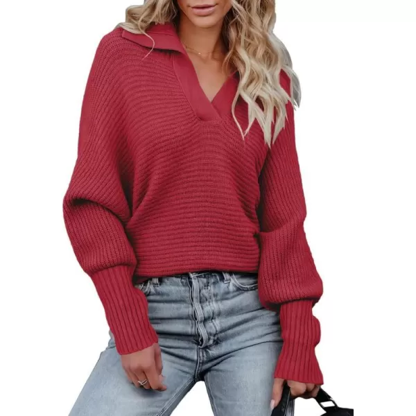 imageANRABESS Women Polo V Neck Batwing Long Sleeve Casual Oversized Ribbed Knit Fall Pullover Sweater TopWine Red