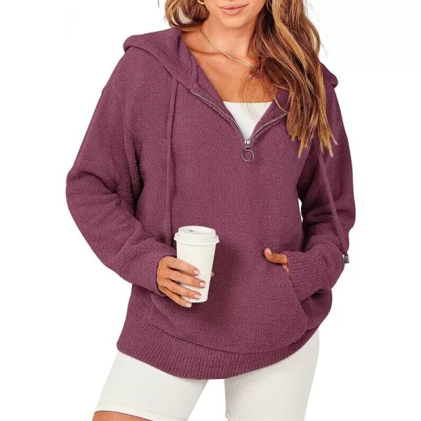 imageANRABESS Women Quarter Zip Long Sleeve Oversized Hoodie Sweater Drawsring V Neck Casual Loose Fall Sweatshirt ClothesFuchsia