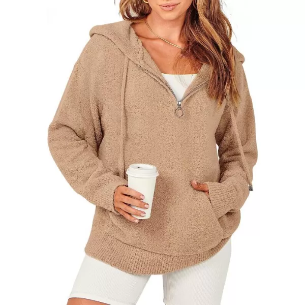 imageANRABESS Women Quarter Zip Long Sleeve Oversized Hoodie Sweater Drawsring V Neck Casual Loose Fall Sweatshirt ClothesKhaki