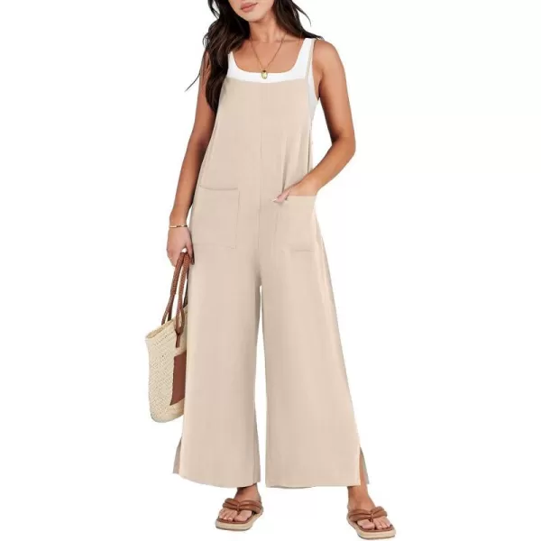 imageANRABESS Women Rompers Casual Loose Linen Wide Leg Baggy Jumpsuit Long Bib Pants Beach Vacation Overalls with PocketsApricot