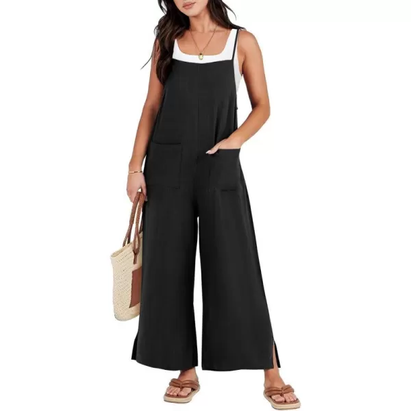 imageANRABESS Women Rompers Casual Loose Linen Wide Leg Baggy Jumpsuit Long Bib Pants Beach Vacation Overalls with PocketsBlack