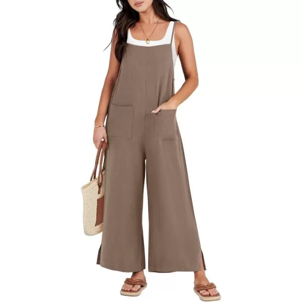 imageANRABESS Women Rompers Casual Loose Linen Wide Leg Baggy Jumpsuit Long Bib Pants Beach Vacation Overalls with PocketsBrown