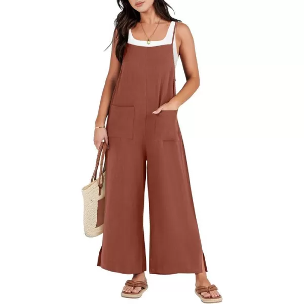 imageANRABESS Women Rompers Casual Loose Linen Wide Leg Baggy Jumpsuit Long Bib Pants Beach Vacation Overalls with PocketsCaramel