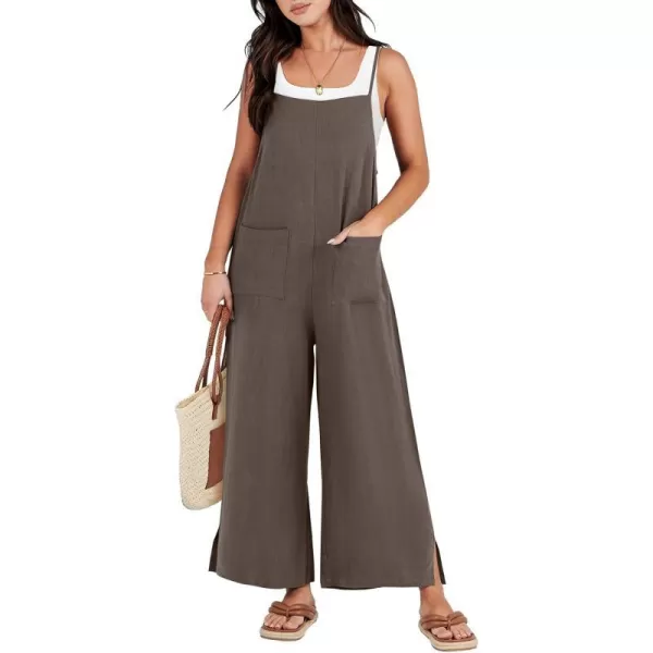 imageANRABESS Women Rompers Casual Loose Linen Wide Leg Baggy Jumpsuit Long Bib Pants Beach Vacation Overalls with PocketsCoffee