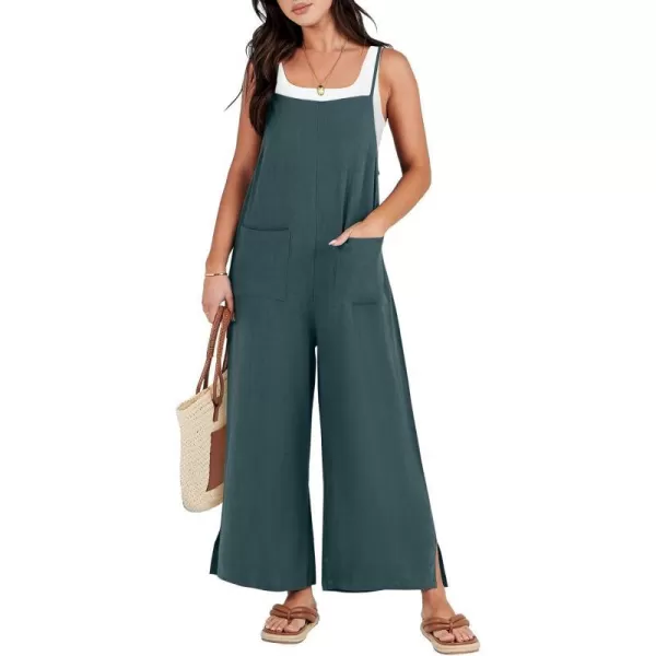 imageANRABESS Women Rompers Casual Loose Linen Wide Leg Baggy Jumpsuit Long Bib Pants Beach Vacation Overalls with PocketsDeep Blue