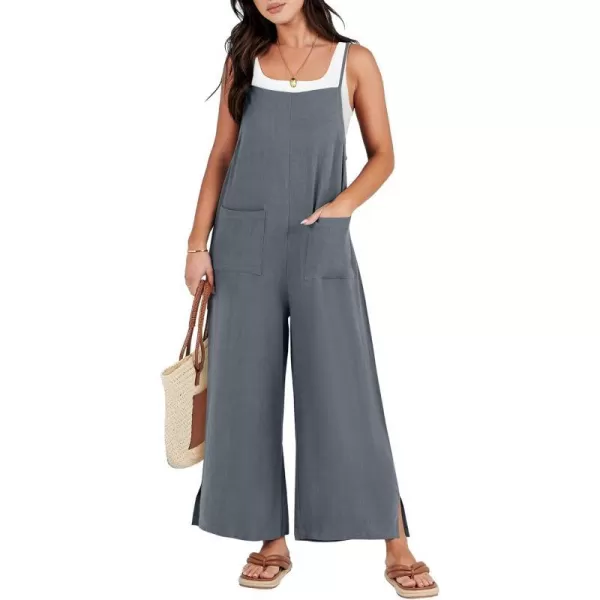 imageANRABESS Women Rompers Casual Loose Linen Wide Leg Baggy Jumpsuit Long Bib Pants Beach Vacation Overalls with PocketsDeep Gray