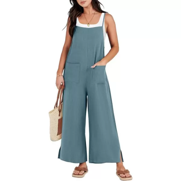 imageANRABESS Women Rompers Casual Loose Linen Wide Leg Baggy Jumpsuit Long Bib Pants Beach Vacation Overalls with PocketsGrey Blue