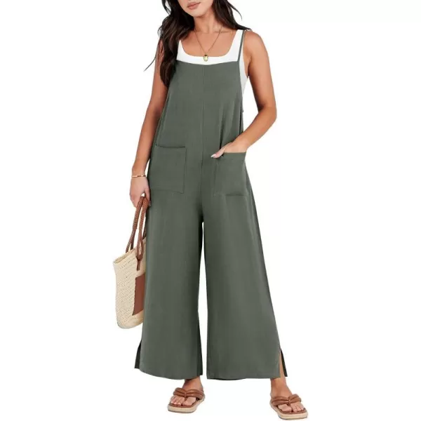 imageANRABESS Women Rompers Casual Loose Linen Wide Leg Baggy Jumpsuit Long Bib Pants Beach Vacation Overalls with PocketsGrey Green