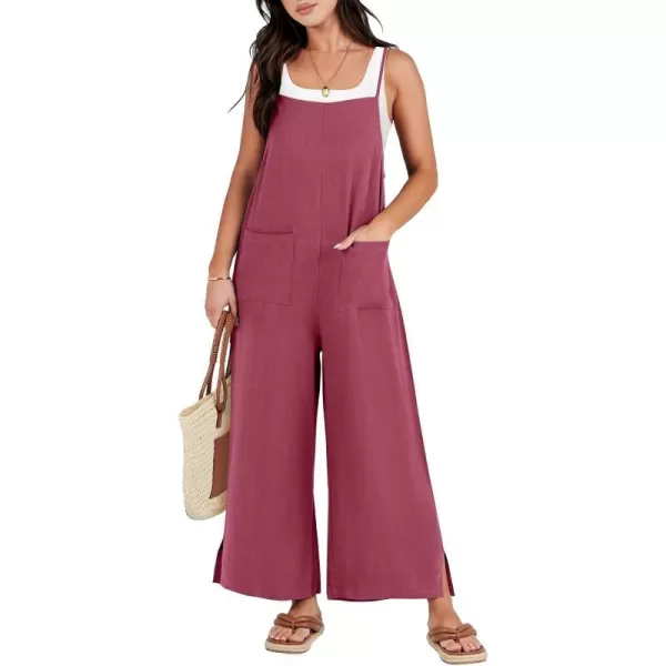 imageANRABESS Women Rompers Casual Loose Linen Wide Leg Baggy Jumpsuit Long Bib Pants Beach Vacation Overalls with PocketsHot Pink