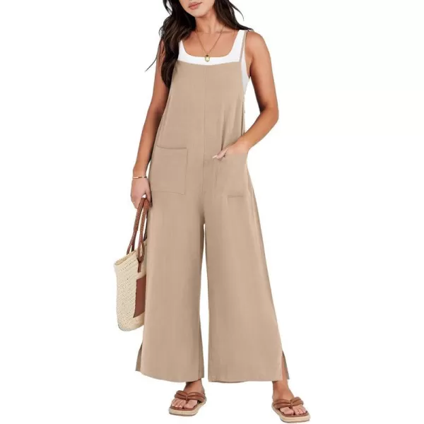 imageANRABESS Women Rompers Casual Loose Linen Wide Leg Baggy Jumpsuit Long Bib Pants Beach Vacation Overalls with PocketsKhaki