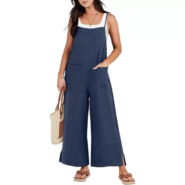imageANRABESS Women Rompers Casual Loose Linen Wide Leg Baggy Jumpsuit Long Bib Pants Beach Vacation Overalls with PocketsNavy Blue