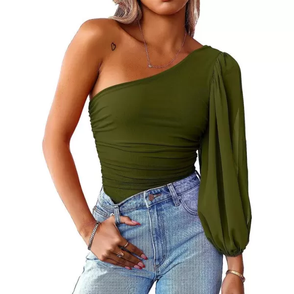 imageANRABESS Women Sexy One Shoulder Mesh Long Sleeve Ruched Bodysuit Leotard TopArmy Green