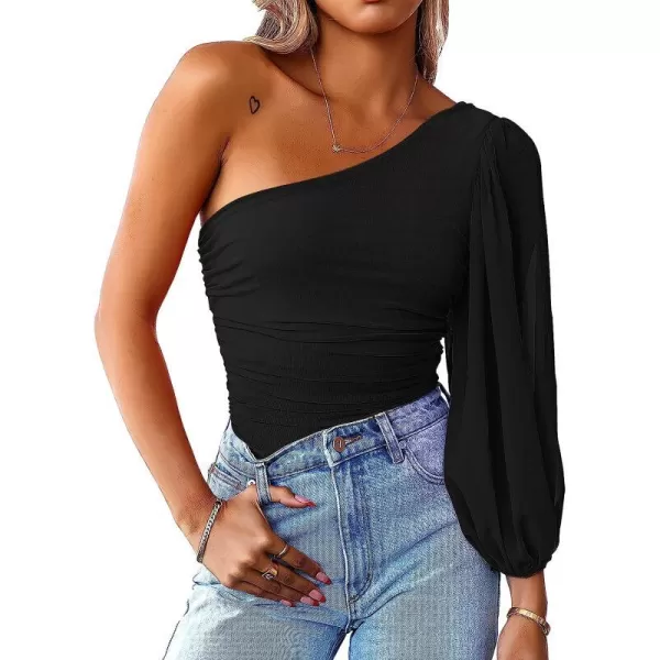 imageANRABESS Women Sexy One Shoulder Mesh Long Sleeve Ruched Bodysuit Leotard TopBlack