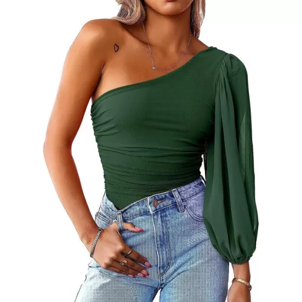 imageANRABESS Women Sexy One Shoulder Mesh Long Sleeve Ruched Bodysuit Leotard TopDeep Green