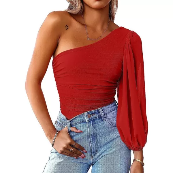 imageANRABESS Women Sexy One Shoulder Mesh Long Sleeve Ruched Bodysuit Leotard TopRed