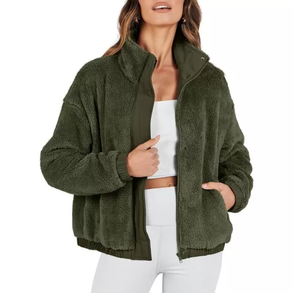 imageANRABESS Women Sherpa Fleece Jackets Casual Long Sleeve Buttons Cropped Coat Winter OutwearArmy Green