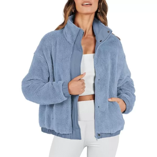 imageANRABESS Women Sherpa Fleece Jackets Casual Long Sleeve Buttons Cropped Coat Winter OutwearBlue