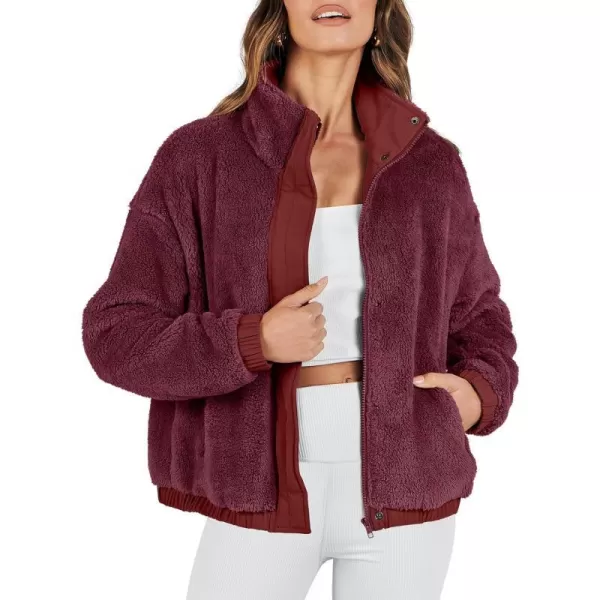 imageANRABESS Women Sherpa Fleece Jackets Casual Long Sleeve Buttons Cropped Coat Winter OutwearBurgundy