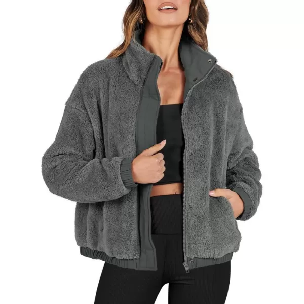imageANRABESS Women Sherpa Fleece Jackets Casual Long Sleeve Buttons Cropped Coat Winter OutwearDark Grey