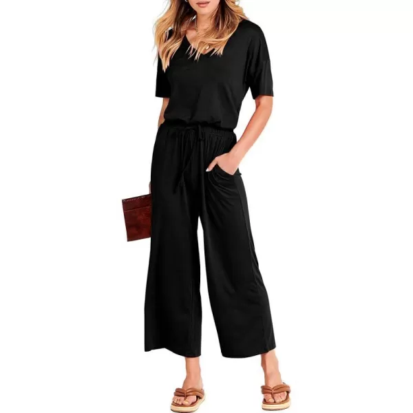 imageANRABESS Women Short Sleeve Summer Casual V Neck Elastic Waist Wide Leg Cropped Pant Jumpsuits Rompers with Pockets00black