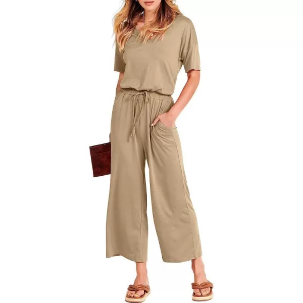 imageANRABESS Women Short Sleeve Summer Casual V Neck Elastic Waist Wide Leg Cropped Pant Jumpsuits Rompers with Pockets00khaki