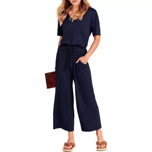 imageANRABESS Women Short Sleeve Summer Casual V Neck Elastic Waist Wide Leg Cropped Pant Jumpsuits Rompers with Pockets01blue