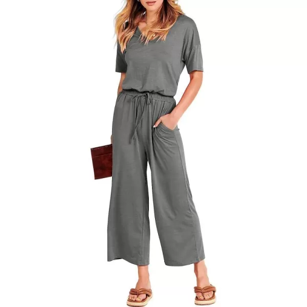 imageANRABESS Women Short Sleeve Summer Casual V Neck Elastic Waist Wide Leg Cropped Pant Jumpsuits Rompers with Pockets01dark Gray