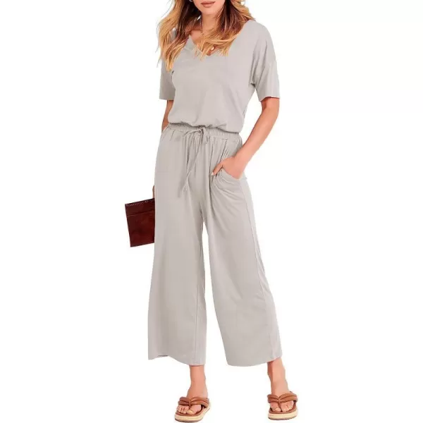 imageANRABESS Women Short Sleeve Summer Casual V Neck Elastic Waist Wide Leg Cropped Pant Jumpsuits Rompers with Pockets02light Gray